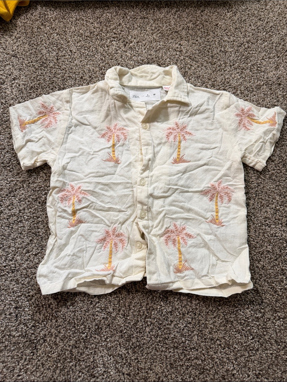 Zara Kids Cream Button-Down Shirt with Pink & Yellow Palm Embroidery
